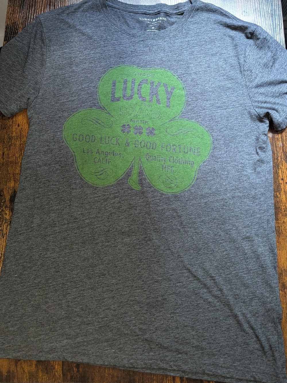 Lucky Brand Men's Gray Tee with Green Shamrock Graphic